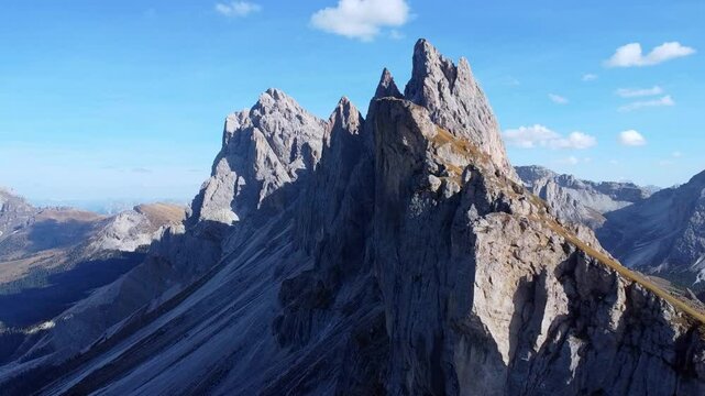 Aerial drone view of Seceda&rsquo;s iconic ridgeline. Beautiful view of the mountain range in South Tyrol, Dolomites, Italy.