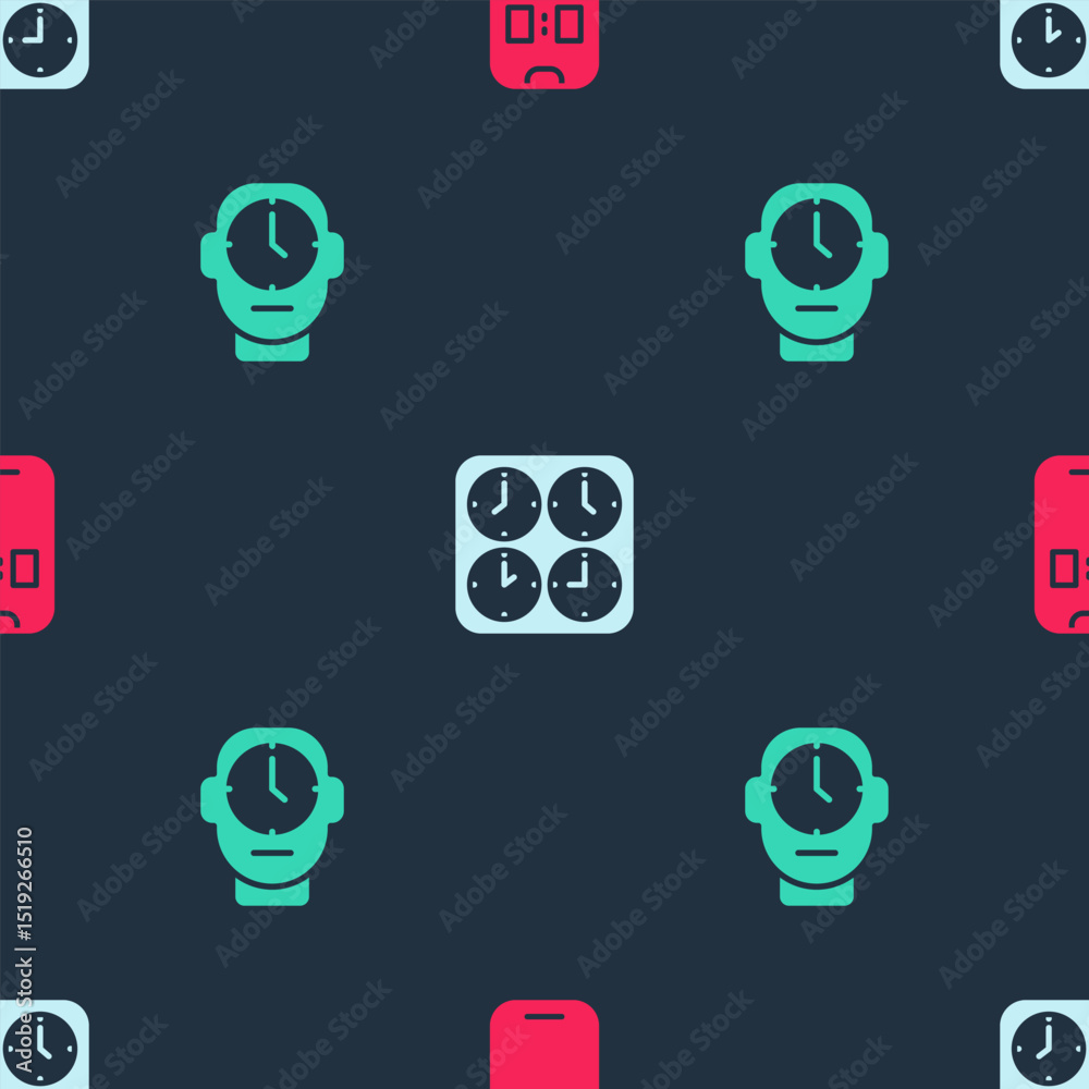 Poster set alarm clock app mobile, time zone clocks and clock on seamless pattern. vector