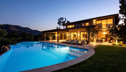 Fototapeta premium Luxury Villa with Swimming Pool at Dusk