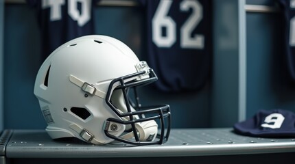 White football helmet on metal bench close-up in locker room setting

