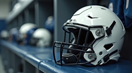 White football helmet on metal bench close-up in locker room setting

