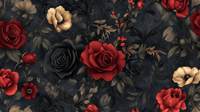 Gothic Floral Pattern. Dark floral pattern featuring red and black roses with a gothic touch, creating a moody yet elegant design.