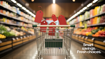 Shopping, Sale, Grocery cart with sale tags in aisle