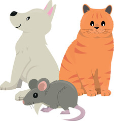 Symbol of cute animals, dog, cat, mouse, flat vector illustration.