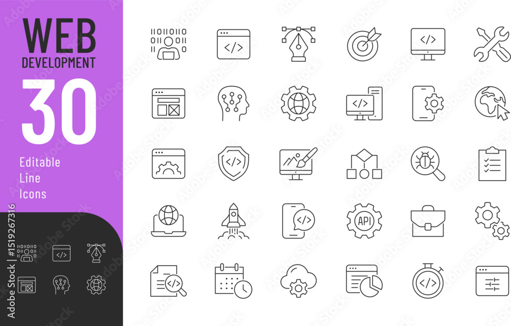 Wall mural web development line editable icons set. vector illustration in modern thin line style of technology