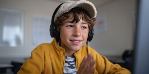 Young caucasian male child engaged in online learning with headphones and cap
