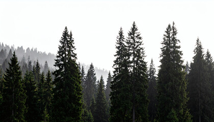 Silhouette of fir trees in forest landscape isolated on white background for nature design and wilderness scenery illustrations