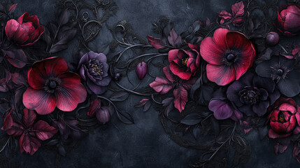 Gothic Floral Pattern with Dark Hues. A dark floral arrangement features stylized flowers in deep reds and purples with a gothic aesthetic.