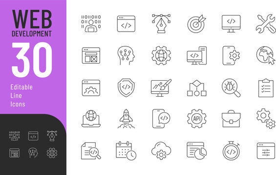 Web Development Line Editable Icons set. Vector illustration in modern thin line style of technology related icons: software, design, programming, and more. Isolated on transparent background.