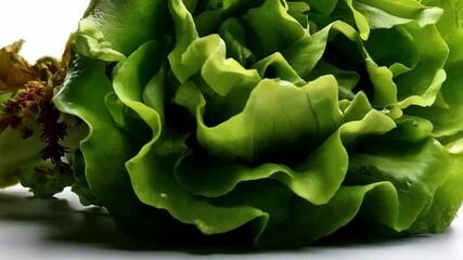 Fresh green butter lettuce head, with ruffled edges and some browning on a white surface, ready for salad preparation