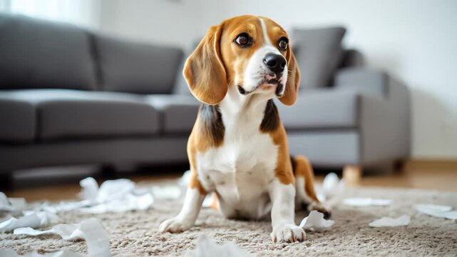 A beagle sits on a rug in front of a gray couch, surrounded by pieces of torn white paper