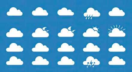 Set of white cloud icons on a blue background. Cloud shapes vary in size and form. Simple cloud design for weather or sky themes. Cloud icons in a grid layout. Weather illustration, vector set.