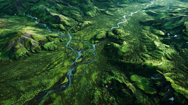 Aerial view of a lush green landscape with winding rivers and mountains in a remote location