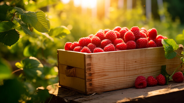 Golden Hour Raspberries: A rustic wooden crate brimming with freshly picked, sun-drenched raspberries sits outdoors, bathed in the golden light of the setting sun.