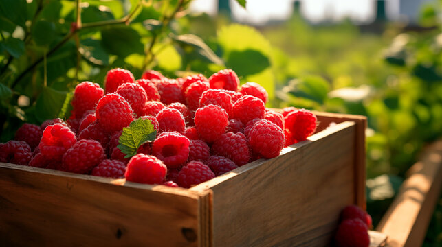 Raspberry Harvest Bounty: A wooden crate overflows with a vibrant pile of freshly harvested raspberries, illuminated by natural light.