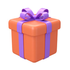 3D Rendered Orange Gift Box with Purple Ribbon and Bow Isolated on White Background