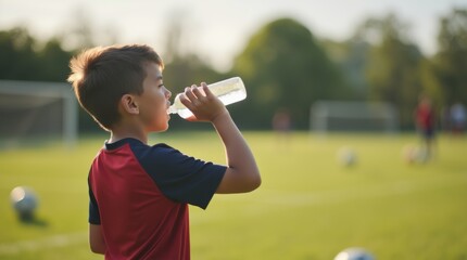 Young boy drinking water from bottle after soccer practice outdoors