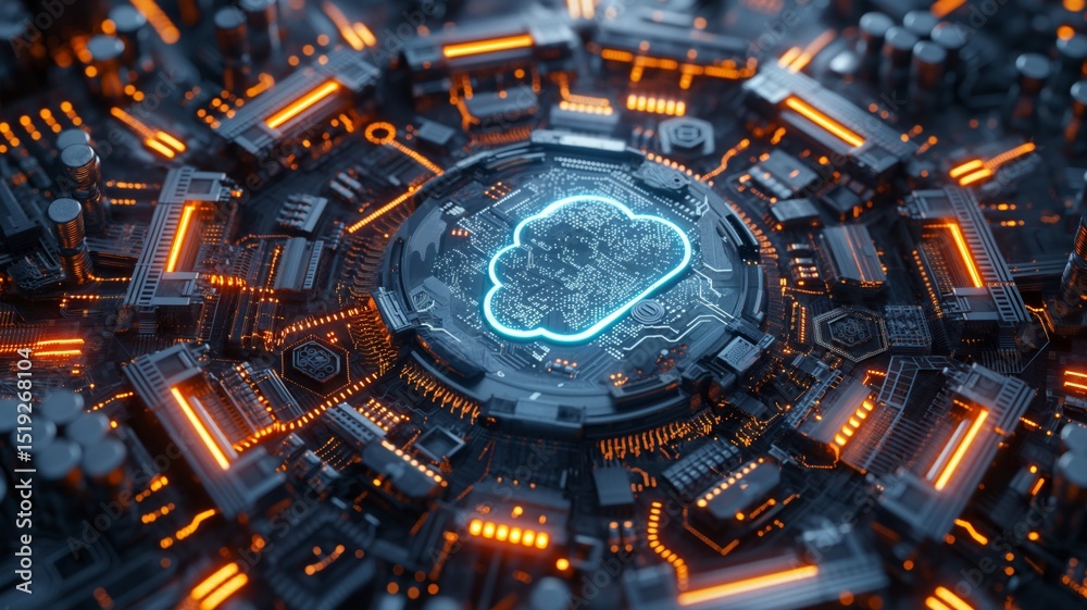 Poster abstract representation of cloud storage technology with circuit patterns and glowing elements in a 