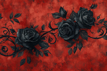 Gothic Black Roses on Red Texture. An elegant gothic floral pattern featuring black roses and leaves against a textured red background, evoking a sense of dark romance and dramatic beauty.
