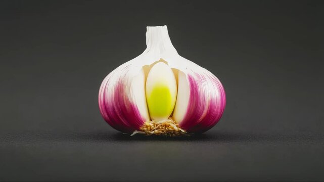 Purple striped garlic bulb gently rotating against dark background, showcasing fresh, natural culinary ingredient with vibrant colors and intricate details