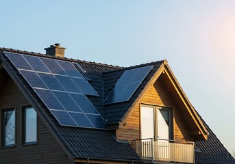 Fototapeta premium Close-up of new suburban house with a photovoltaic system on the roof. Modern eco friendly passive house with solar panels on the gable roof, with sunlight in the morning vibes