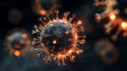 A microscopic view of a virus cell with spikes and glowing edges on a dark blurred background