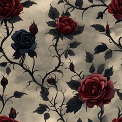 Gothic Floral Rose  Seamless Pattern. A gothic floral pattern featuring red and dark blue roses with dark thorns and leaves.