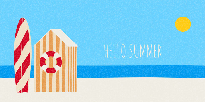 Trendy abstract summer banner. Vector background with beach cabin and lifebuoy, surfboard on seashore. Concept cover for party, holiday, event, card, invitation, banner, ads, branding.