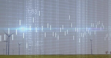 Fading in digital chart overlay on wind turbines, bars rising and falling showing energy trends - Powered by Adobe