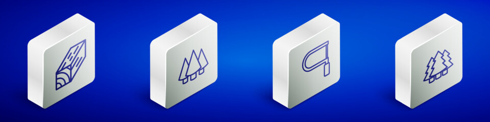Set Isometric line Wooden beam, Christmas tree, Hacksaw and icon. Vector