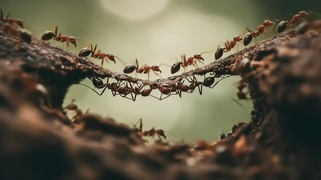 Ants collaborating to form a bridge across a gap in a forest, showcasing teamwork in nature