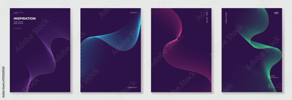 Poster abstract line wave gradient poster background vector set. minimalist cover template with vibrant per