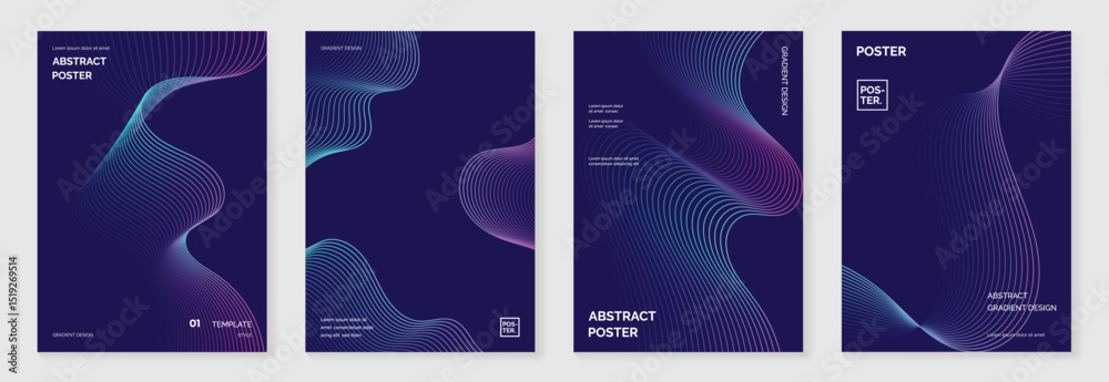 Poster abstract line wave gradient poster background vector set. minimalist cover template with vibrant per