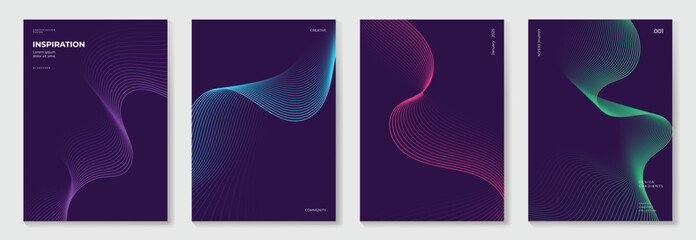 Fototapeta na wymiar Abstract line wave gradient poster background vector set. Minimalist cover template with vibrant perspective line wave in motion. Ideal design for social media, cover, banner, flyer, music, ads.
