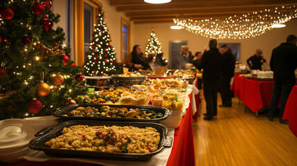 A lively Christmas potluck buffet in a community hall with a variety of traditional holiday foods and decorations.