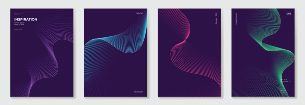 Abstract line wave gradient poster background vector set. Minimalist cover template with vibrant perspective line wave in motion. Ideal design for social media, cover, banner, flyer, music, ads.