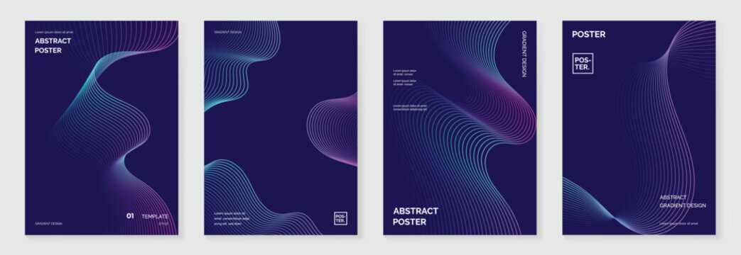 Abstract line wave gradient poster background vector set. Minimalist cover template with vibrant perspective line wave in motion. Ideal design for social media, cover, banner, flyer, music, ads.
