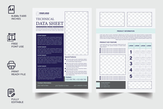 Technical Data Sheet Design Template, Technical Data Sheet layout template, Product Catalogue & modern a4 flyer design template