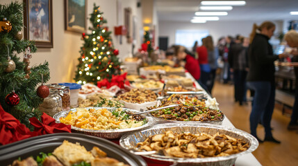 A lively Christmas potluck buffet in a community hall with a variety of traditional holiday foods and decorations.