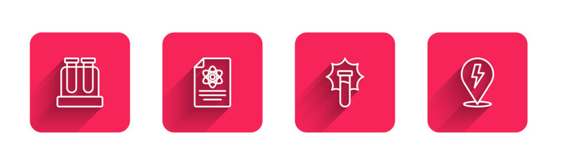 Obraz premium Set line Test tube, Chemistry report, Explosion in the flask and Lightning bolt with long shadow. Red square button. Vector