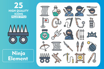 Ninja Element Line Filled Icon Set. Incleded Icons letter, Bottle, Ninja, Man, Japan, Japan Flag, Hook, Kusari, War, Quiver, Posion, Sai, Woman. Vector Icons Collection