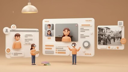 Modern digital workspace with animated characters engaging in virtual meetings and learning activities