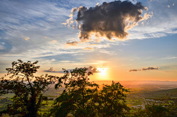 Sunset views with orange sky, from the town of Cortona, Arezzo, Tuscany