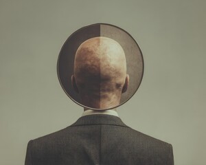 A man with a bald head wearing a hat and a suit