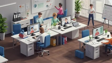Modern office environment with diverse professionals collaborating, using technology, and engaging in discussions