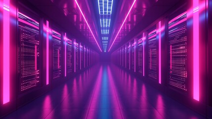 Fototapeta premium High-tech data center with vibrant neon lighting showcasing advanced cloud storage infrastructure