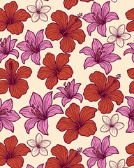 Seamless floral pattern with red hibiscus, pink lilies, and cream plumeria on a beige background. Elegant tropical design perfect for textiles, wallpapers, and summer prints. Vector illustration