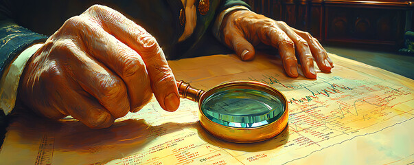 Closeup of aged hands meticulously examining financial charts with a magnifying glass.  A dramatic, painterly style evokes a sense of history and careful analysis.