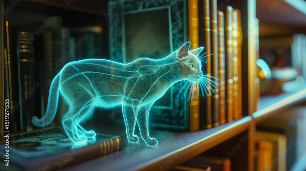 Poster this glowing cat hologram floats by books, adding a futuristic vibe to the room.