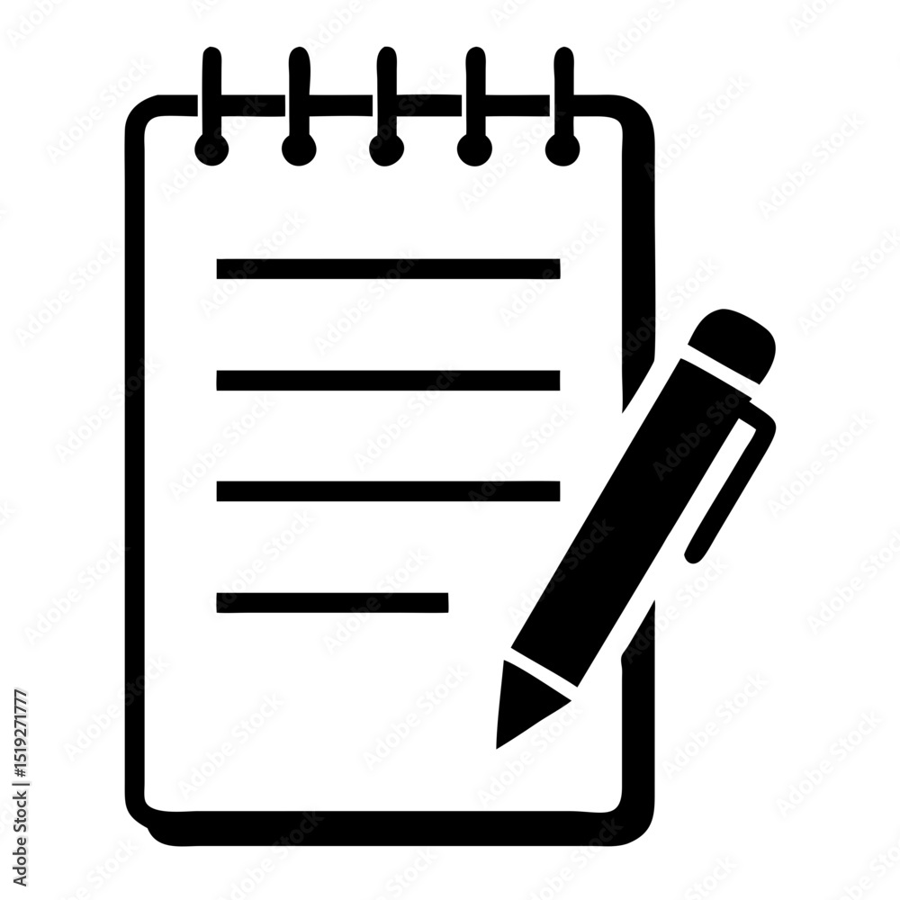 Poster simple notepad icon with pen for website design. notepad image includes spiral binding and lined pap